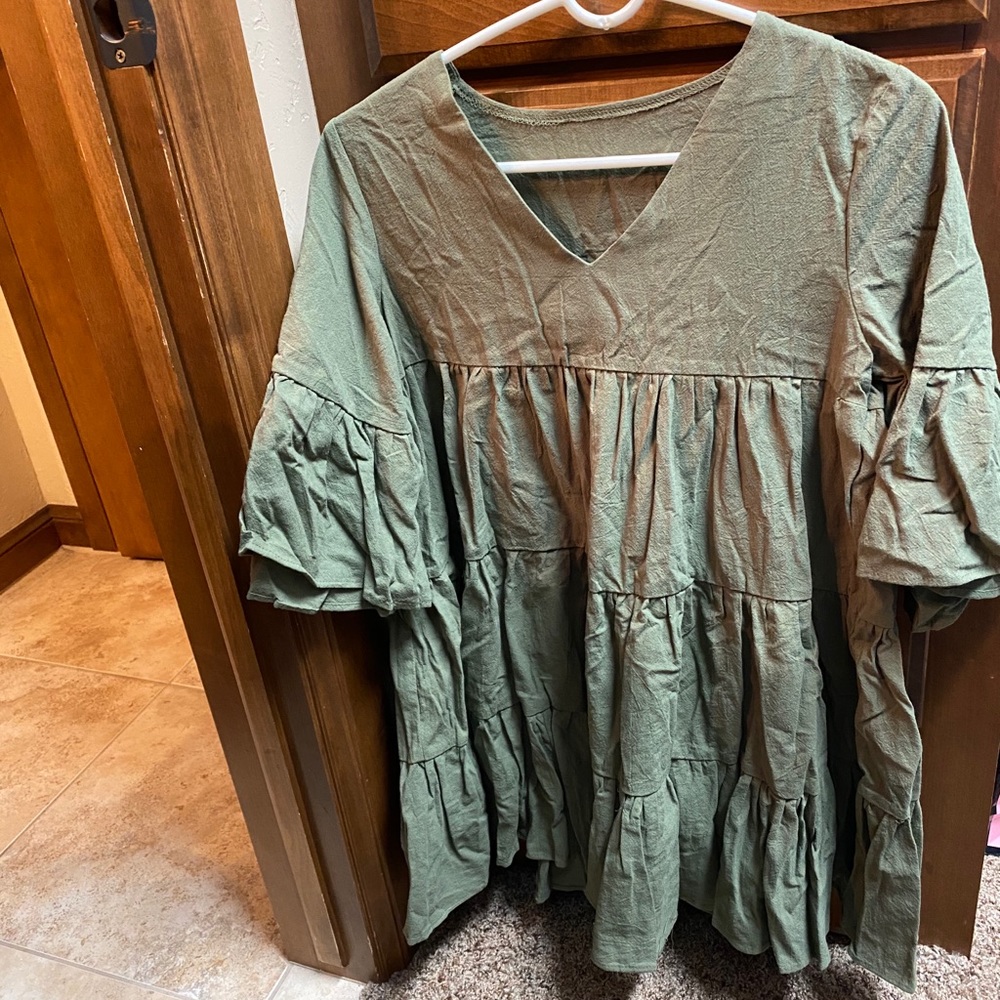 Olive green Solid Flounce Sleeve Mock Dress